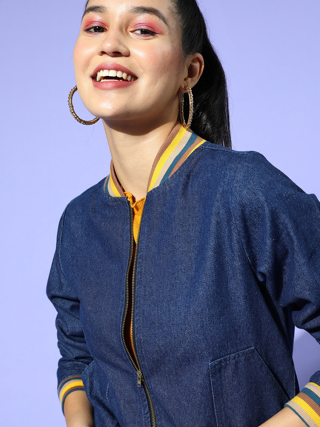 Navy Denim Striped Rib Bomber Jacket