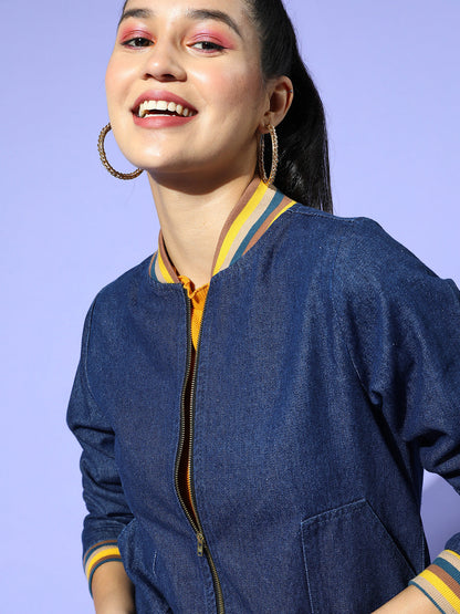 Navy Denim Striped Rib Bomber Jacket