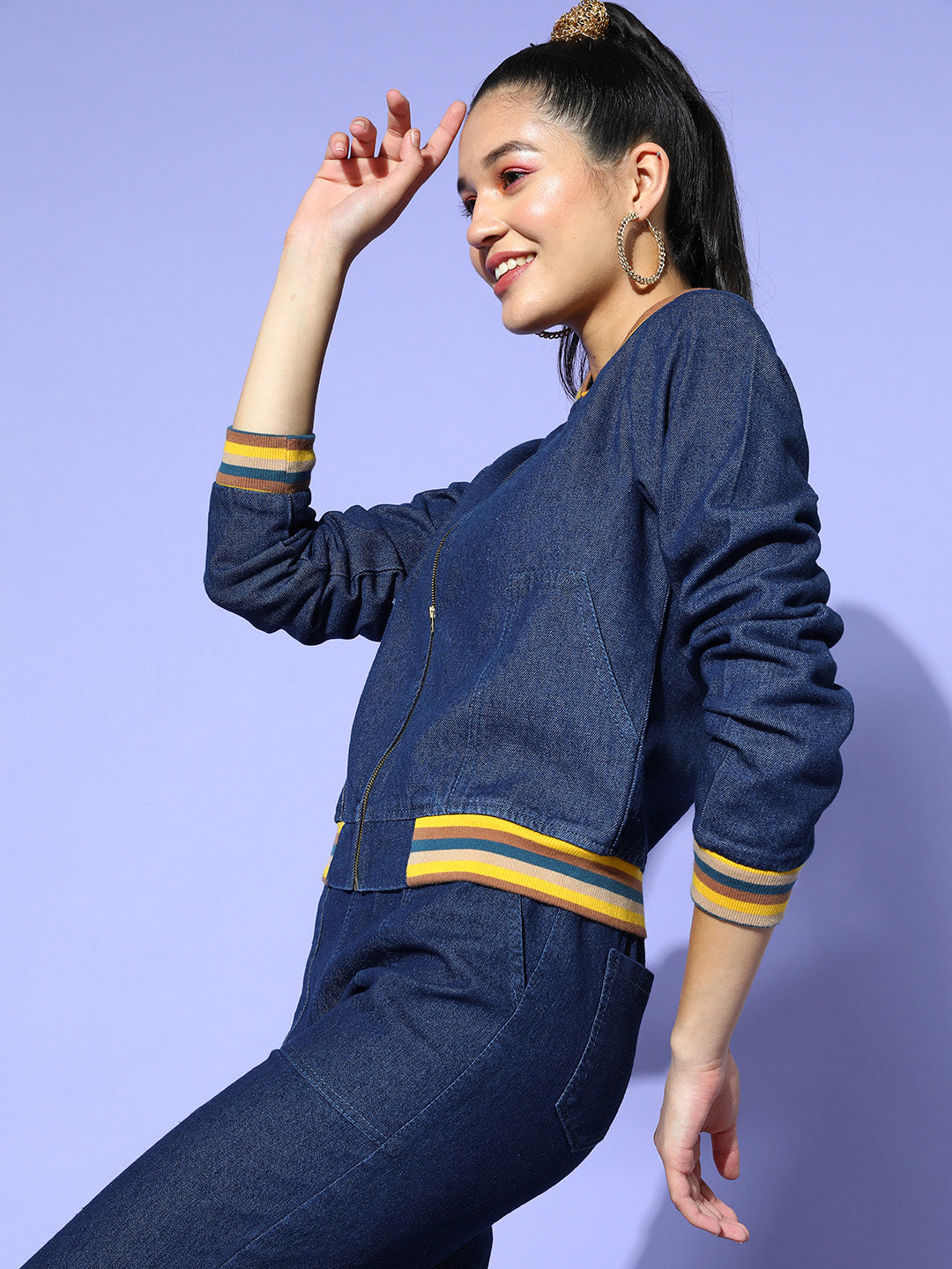 Navy Denim Striped Rib Bomber Jacket