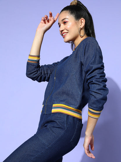 Navy Denim Striped Rib Bomber Jacket