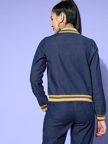 Navy Denim Striped Rib Bomber Jacket