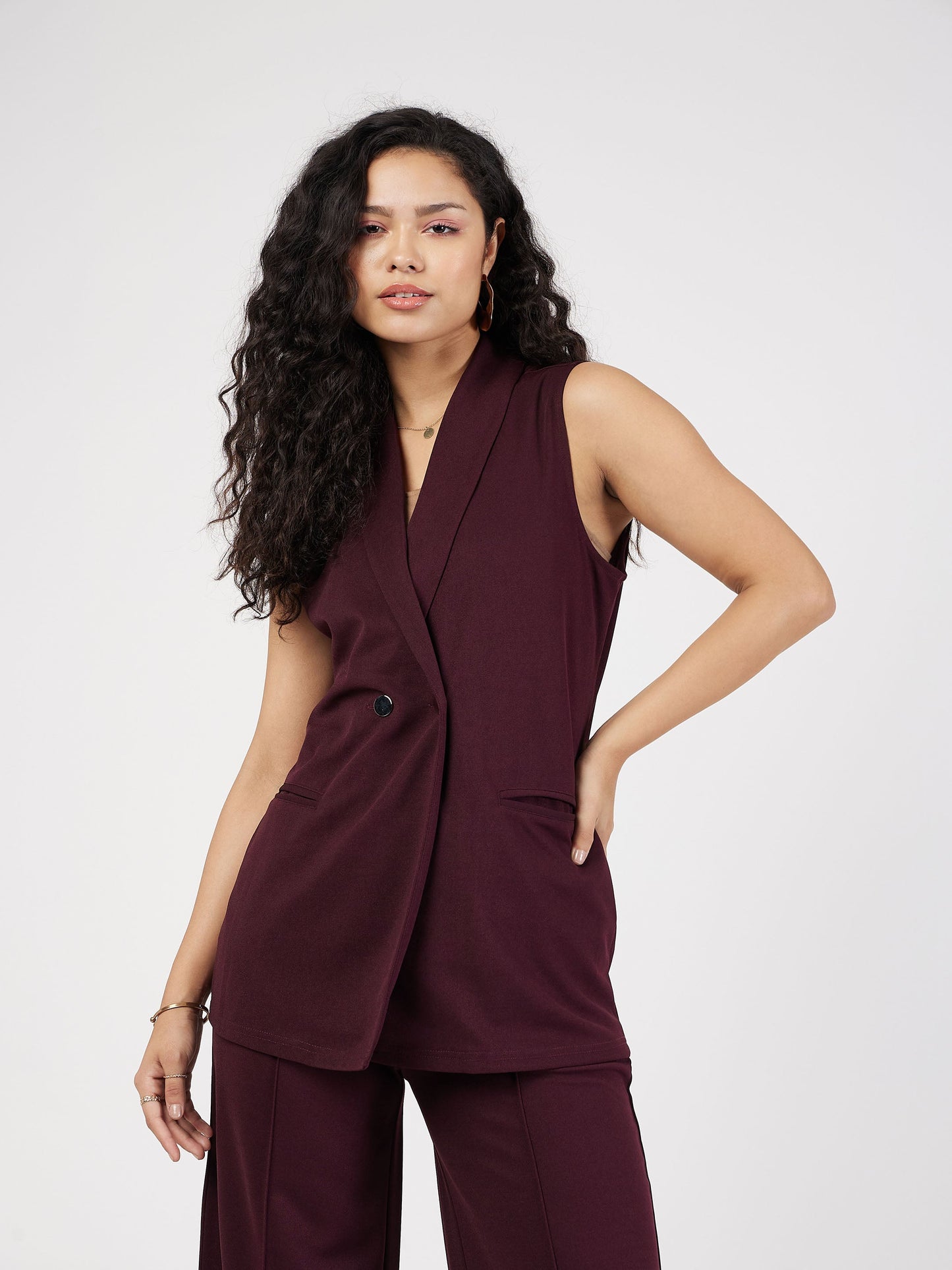 Burgundy Double-Breast Sleeveless Longline Blazer