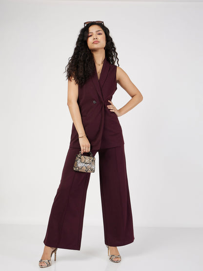Burgundy Double-Breast Sleeveless Longline Blazer