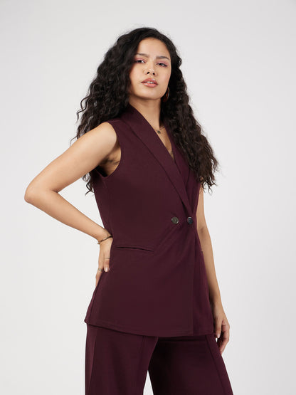 Burgundy Double-Breast Sleeveless Longline Blazer