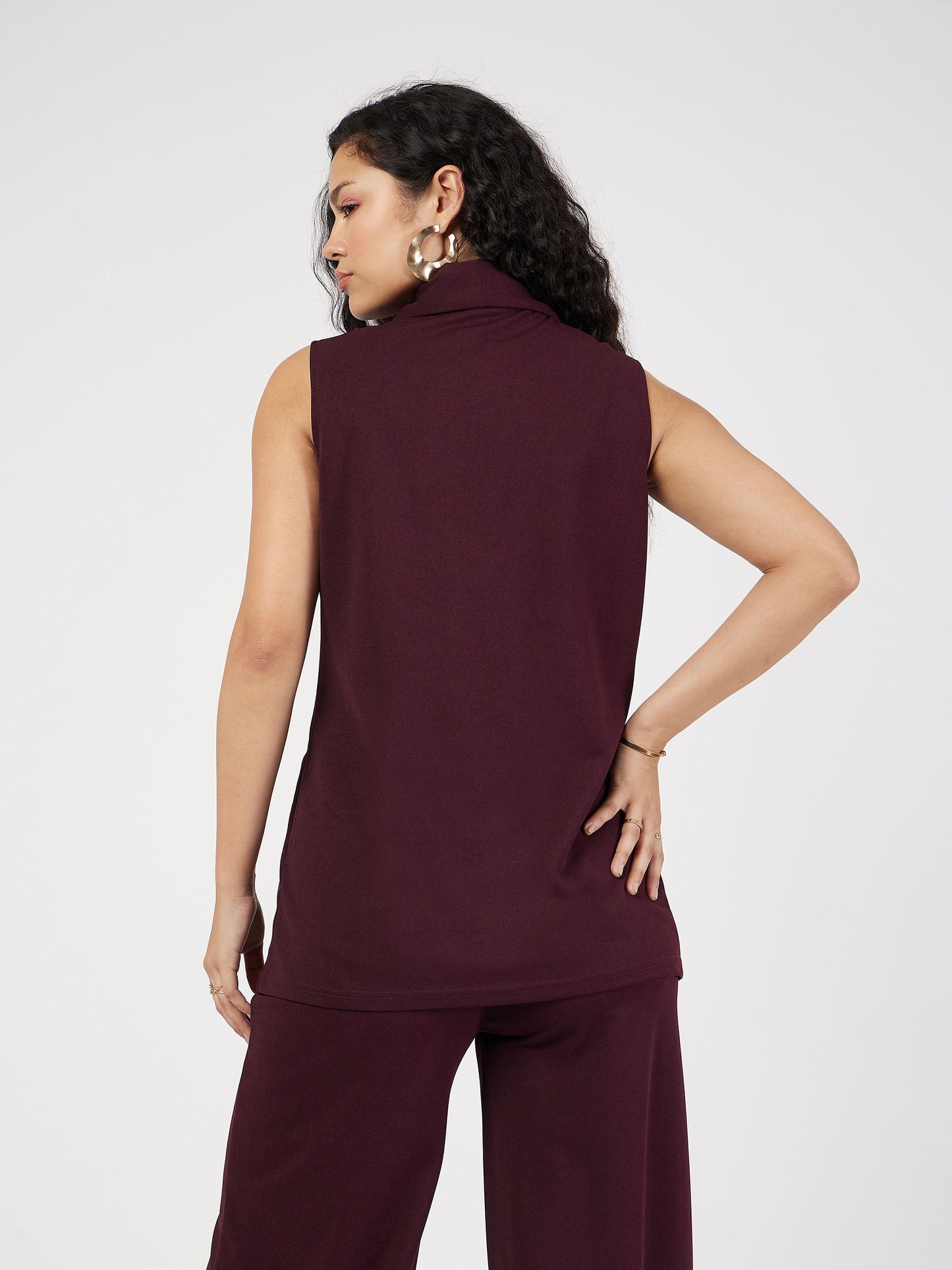 Burgundy Double-Breast Sleeveless Longline Blazer