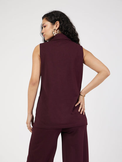 Burgundy Double-Breast Sleeveless Longline Blazer
