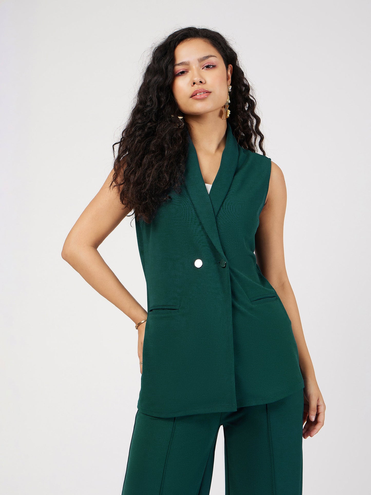 Emerald Double-Breast Sleeveless Longline Blazer