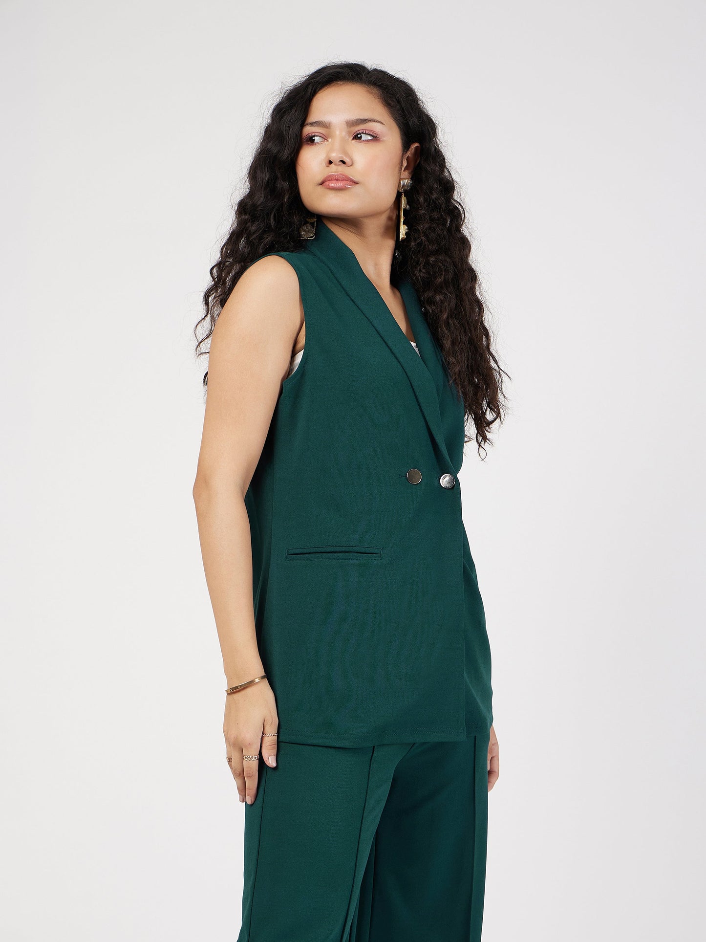 Emerald Double-Breast Sleeveless Longline Blazer