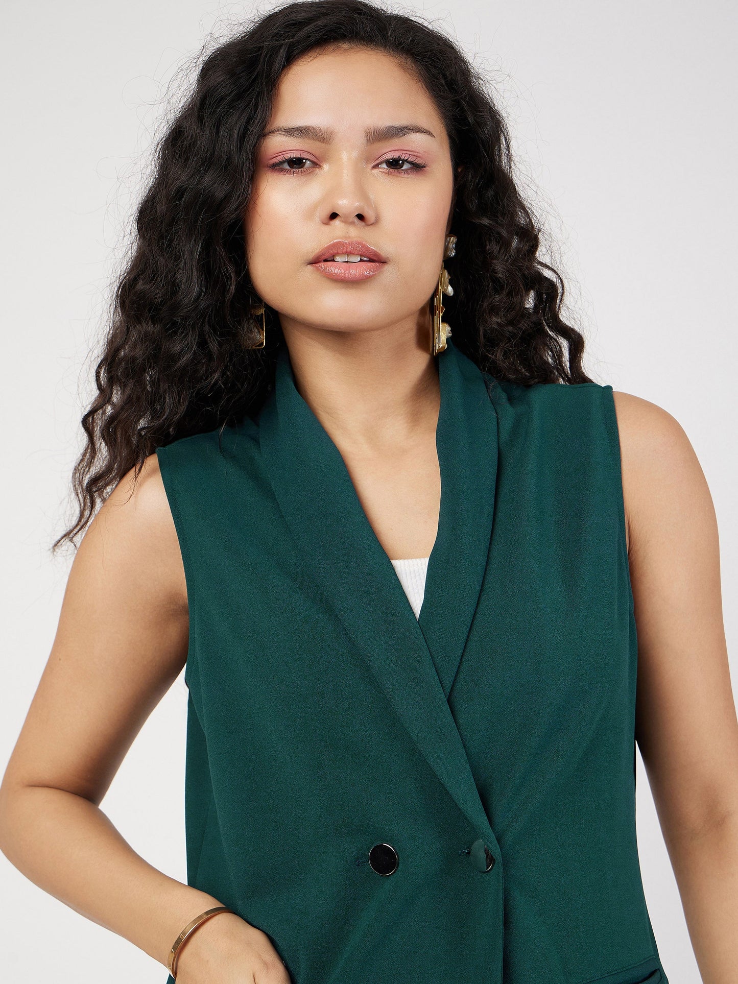 Emerald Double-Breast Sleeveless Longline Blazer
