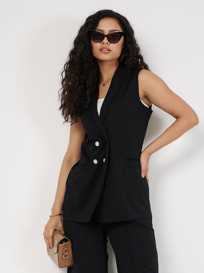 Black Double-Breast Sleeveless Longline Blazer