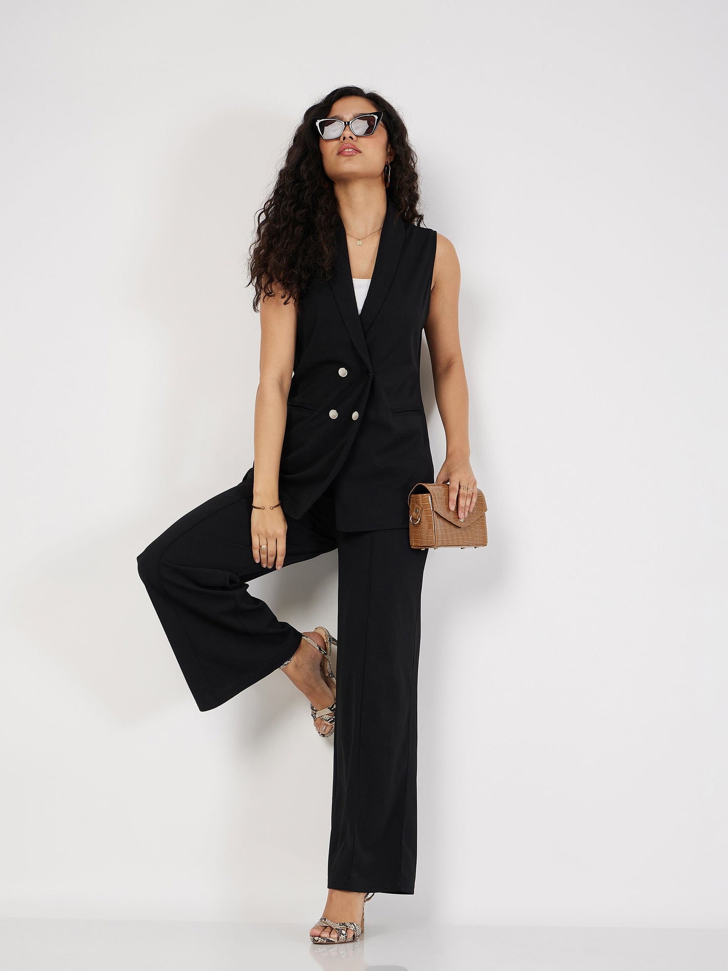 Black Double-Breast Sleeveless Longline Blazer