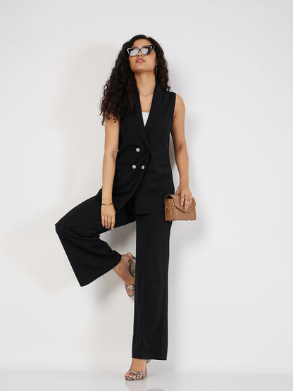 Black Double-Breast Sleeveless Longline Blazer