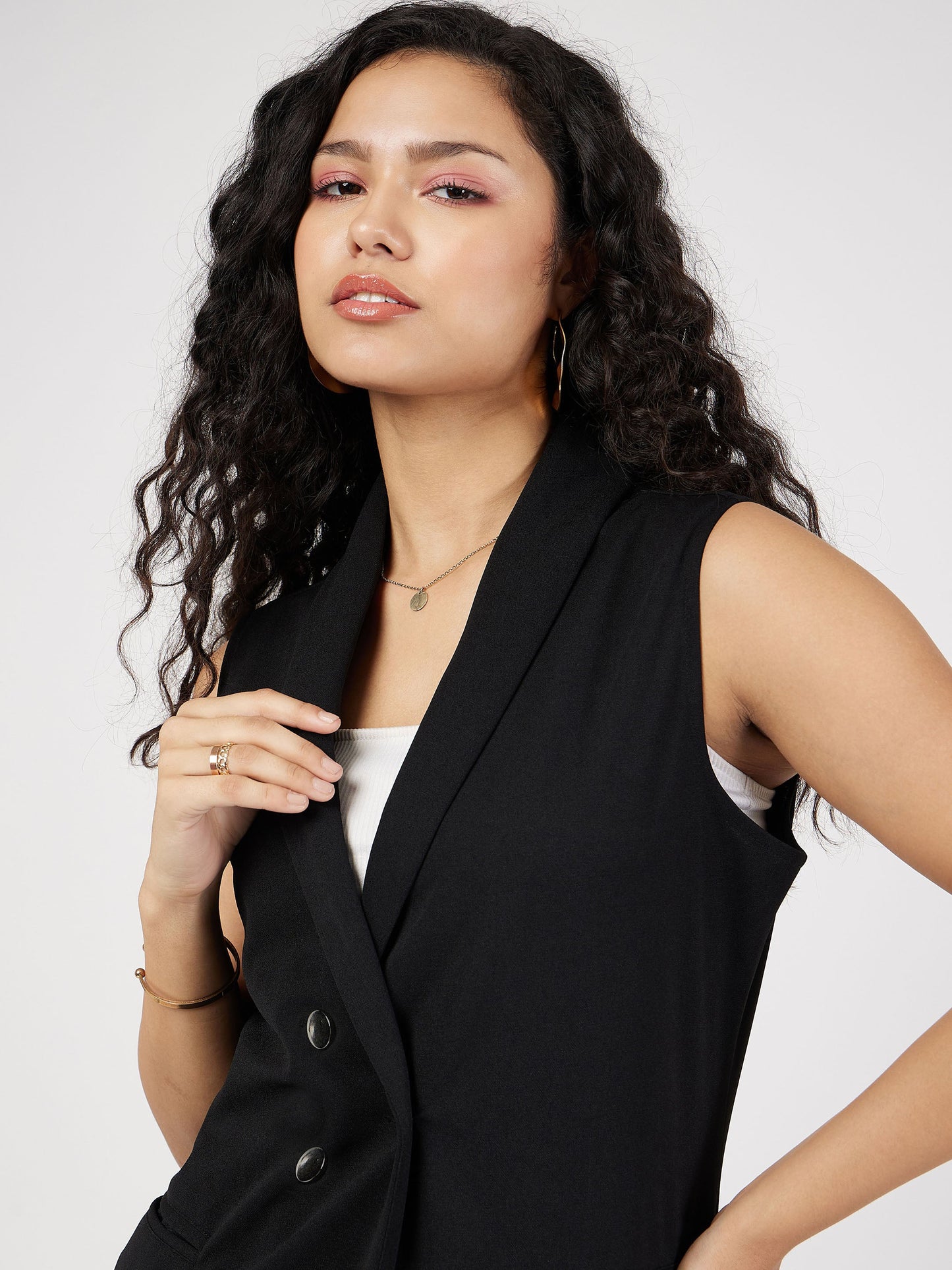 Black Double-Breast Sleeveless Longline Blazer