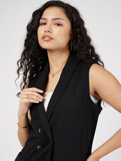 Black Double-Breast Sleeveless Longline Blazer