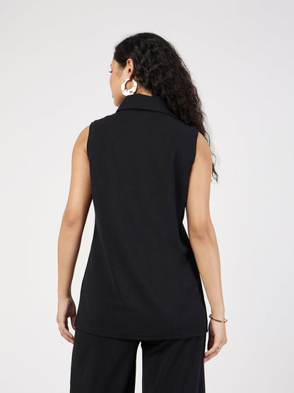 Black Double-Breast Sleeveless Longline Blazer