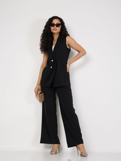Black Double-Breast Sleeveless Longline Blazer