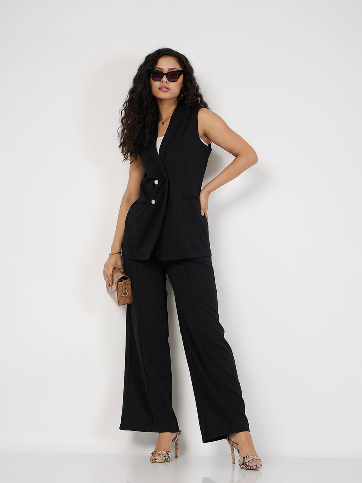Black Double-Breast Sleeveless Longline Blazer