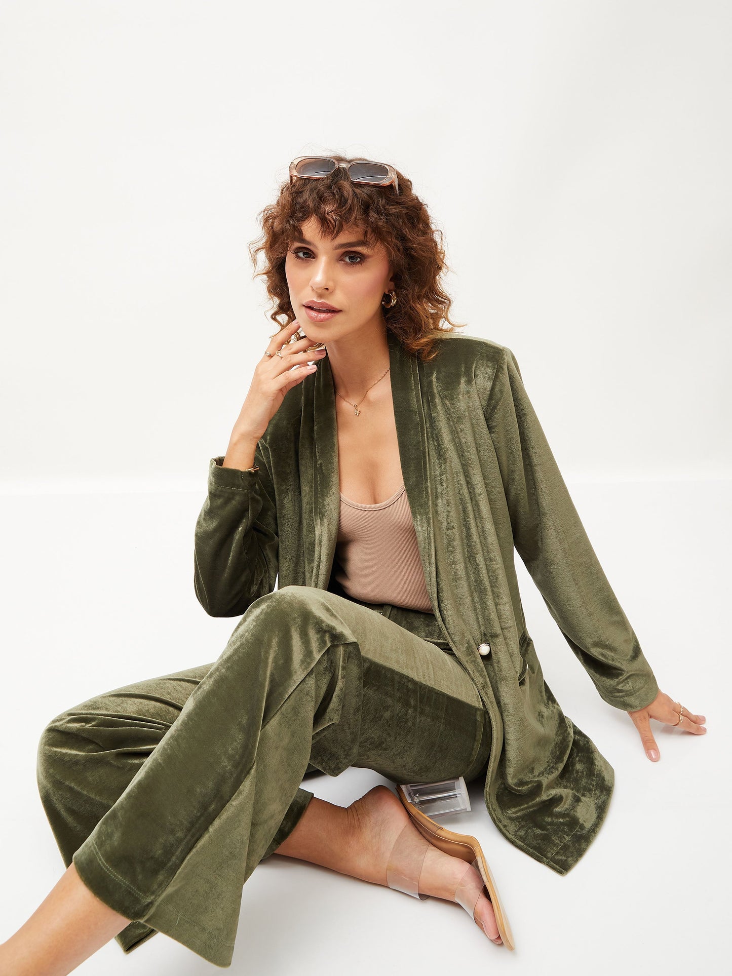 Olive Velvet Shawl Collar Blazer