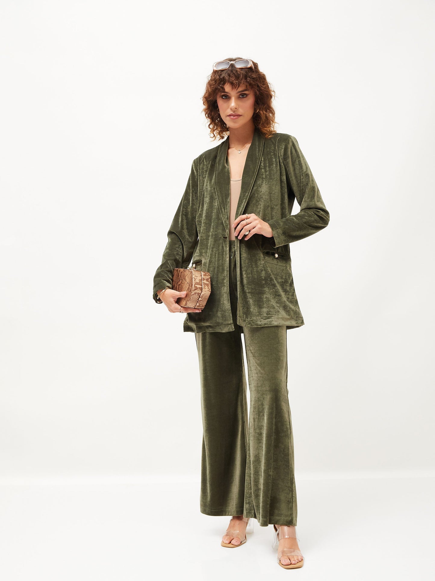 Olive Velvet Shawl Collar Blazer