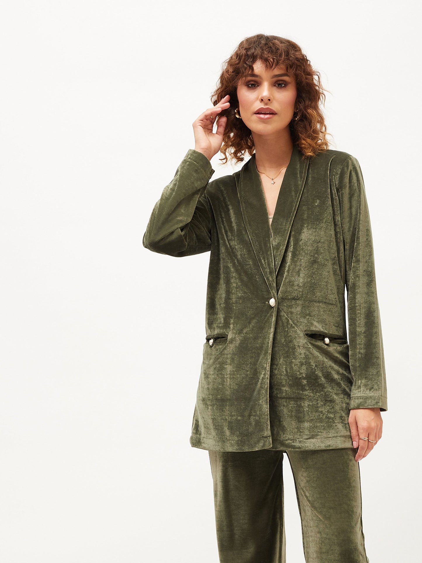 Olive Velvet Shawl Collar Blazer