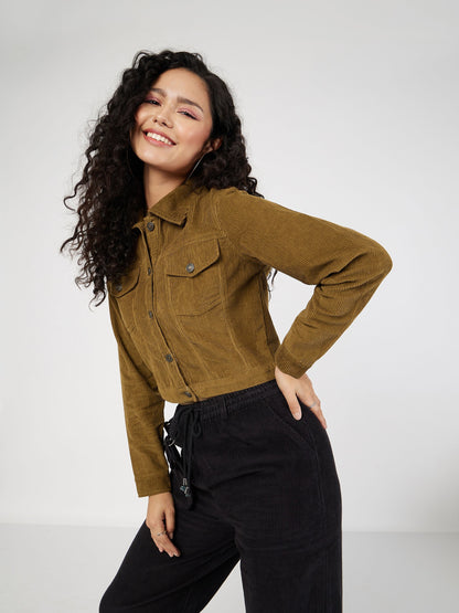 Women Beige Corduroy Boxy Jacket