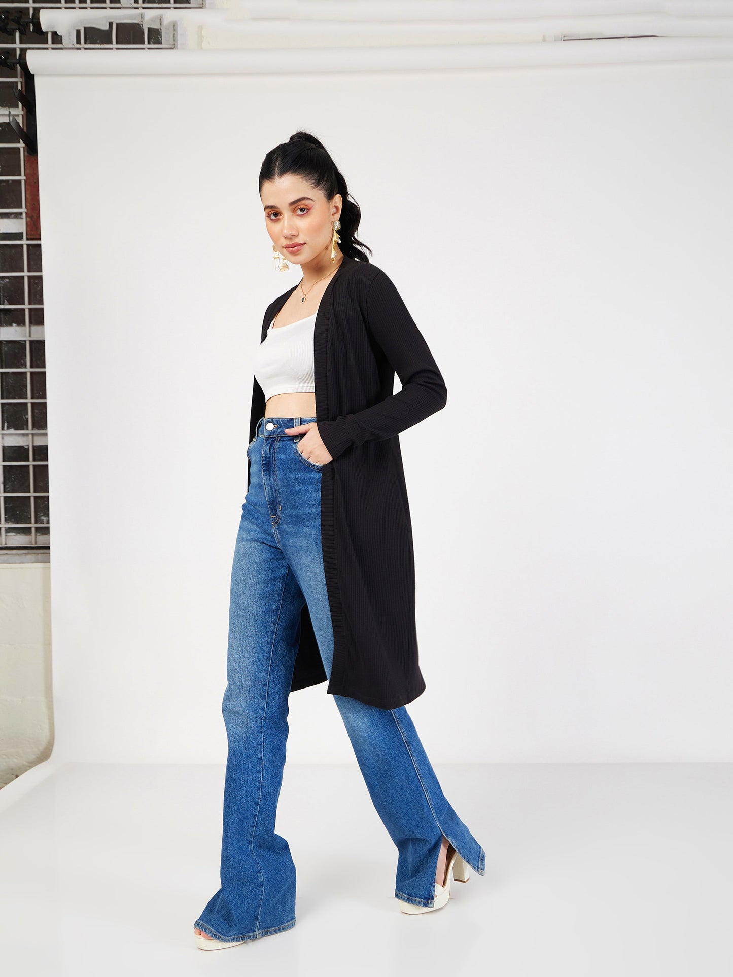 Women Black Rib Front Open Shrug