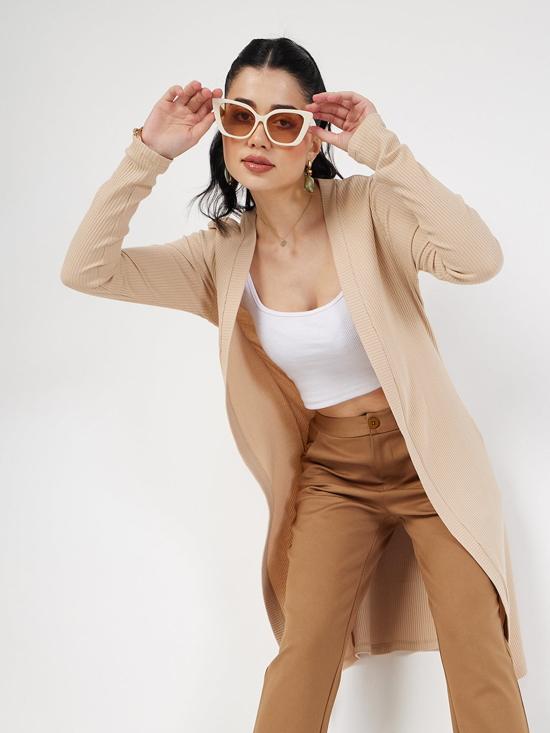 Women's Women Beige Rib Front Open Shrug in Cotton by Sassafras for wholesale, bulk, supplier, manufacturer and wholesaler buyers from Trendphoria