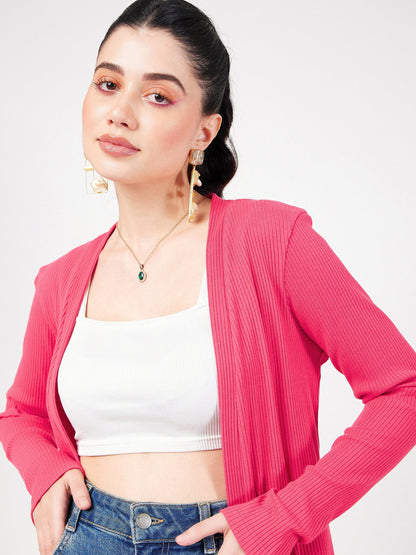Women Magenta Rib Front Open Shrug