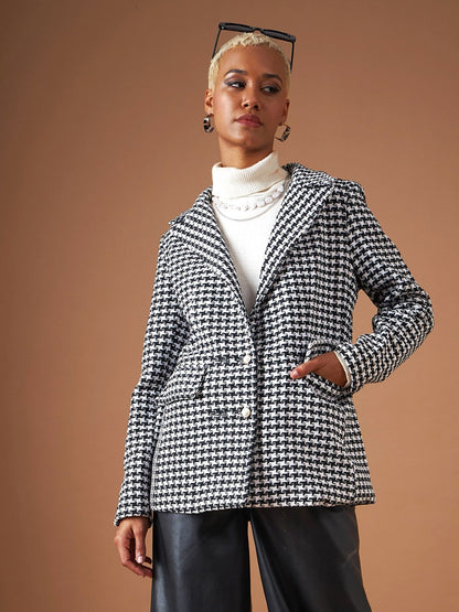 Black Geo Jacquard Tweed Double Breasted Blazer
