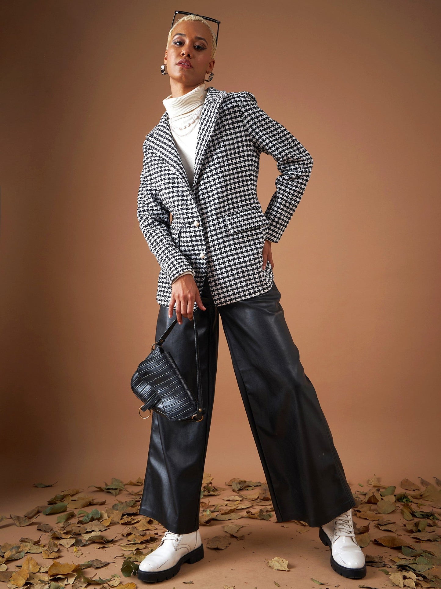 Black Geo Jacquard Tweed Double Breasted Blazer