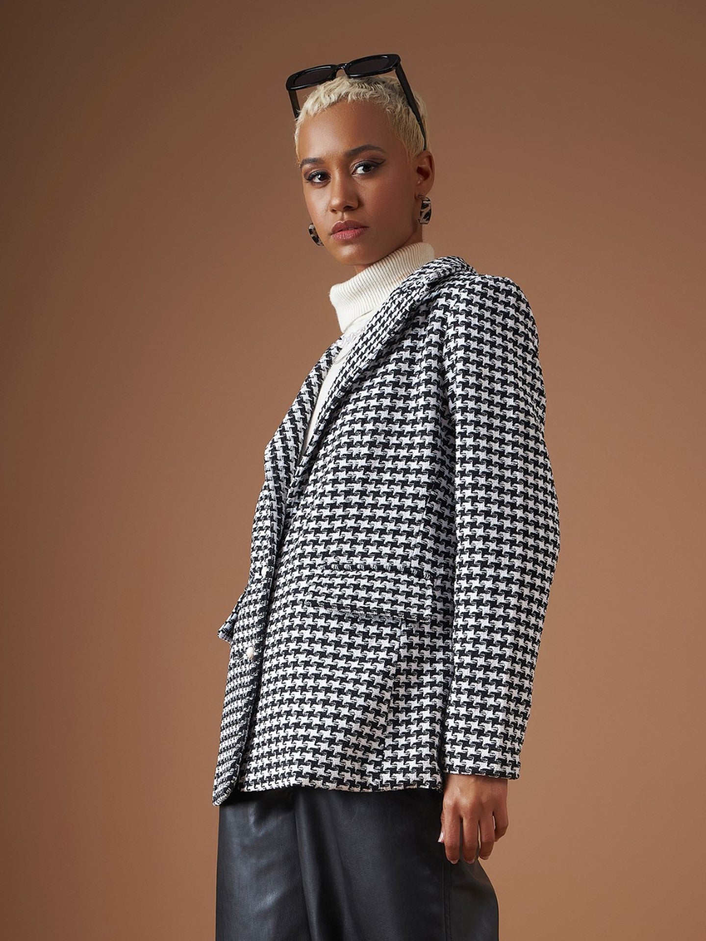 Black Geo Jacquard Tweed Double Breasted Blazer