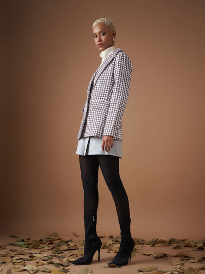 Burgundy Geo Jacquard Tweed Double Breasted Blazer