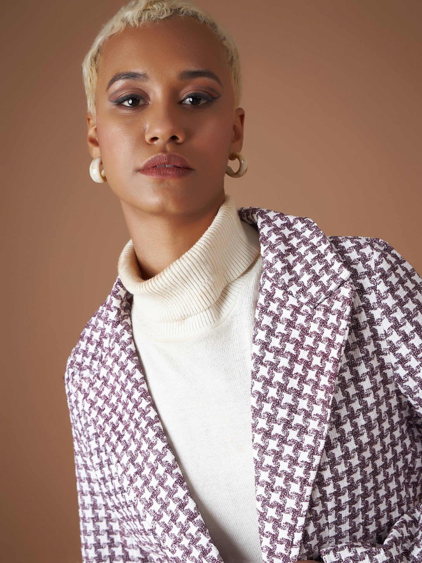 Burgundy Geo Jacquard Tweed Double Breasted Blazer