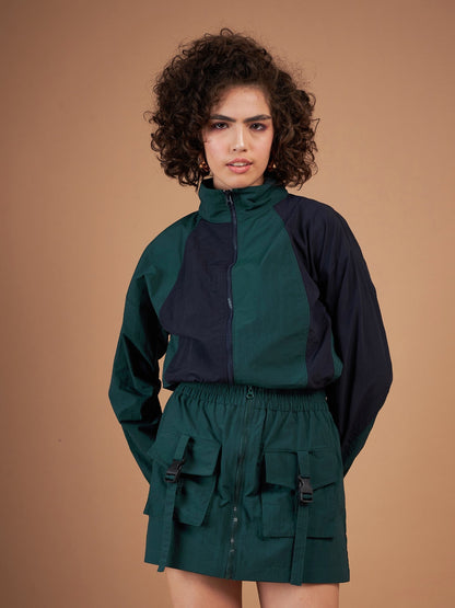 Green ColourBlock Parachute Zipper Jacket