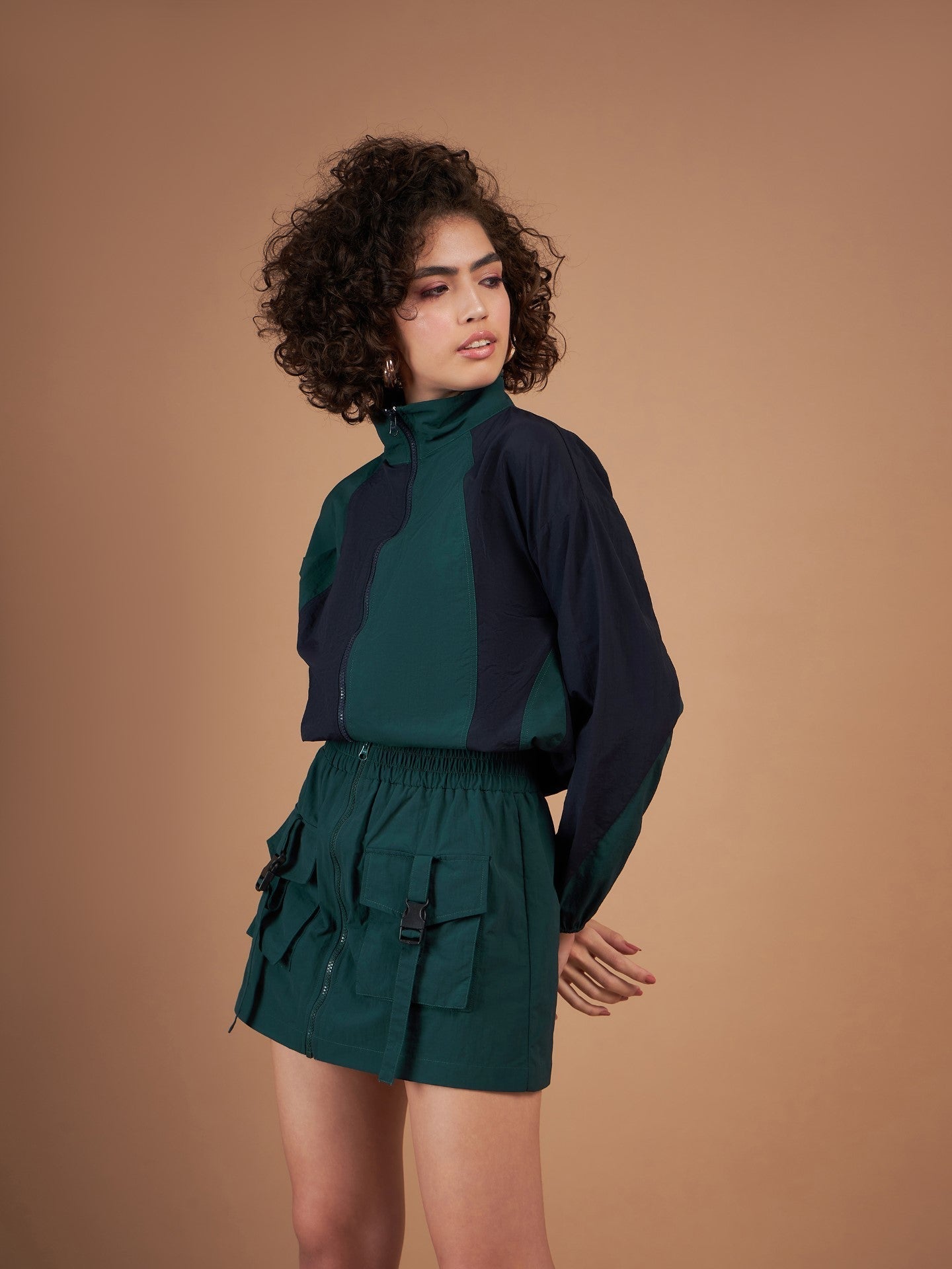 Green ColourBlock Parachute Zipper Jacket