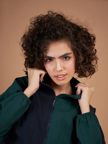 Green ColourBlock Parachute Zipper Jacket
