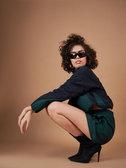 Green ColourBlock Parachute Zipper Jacket