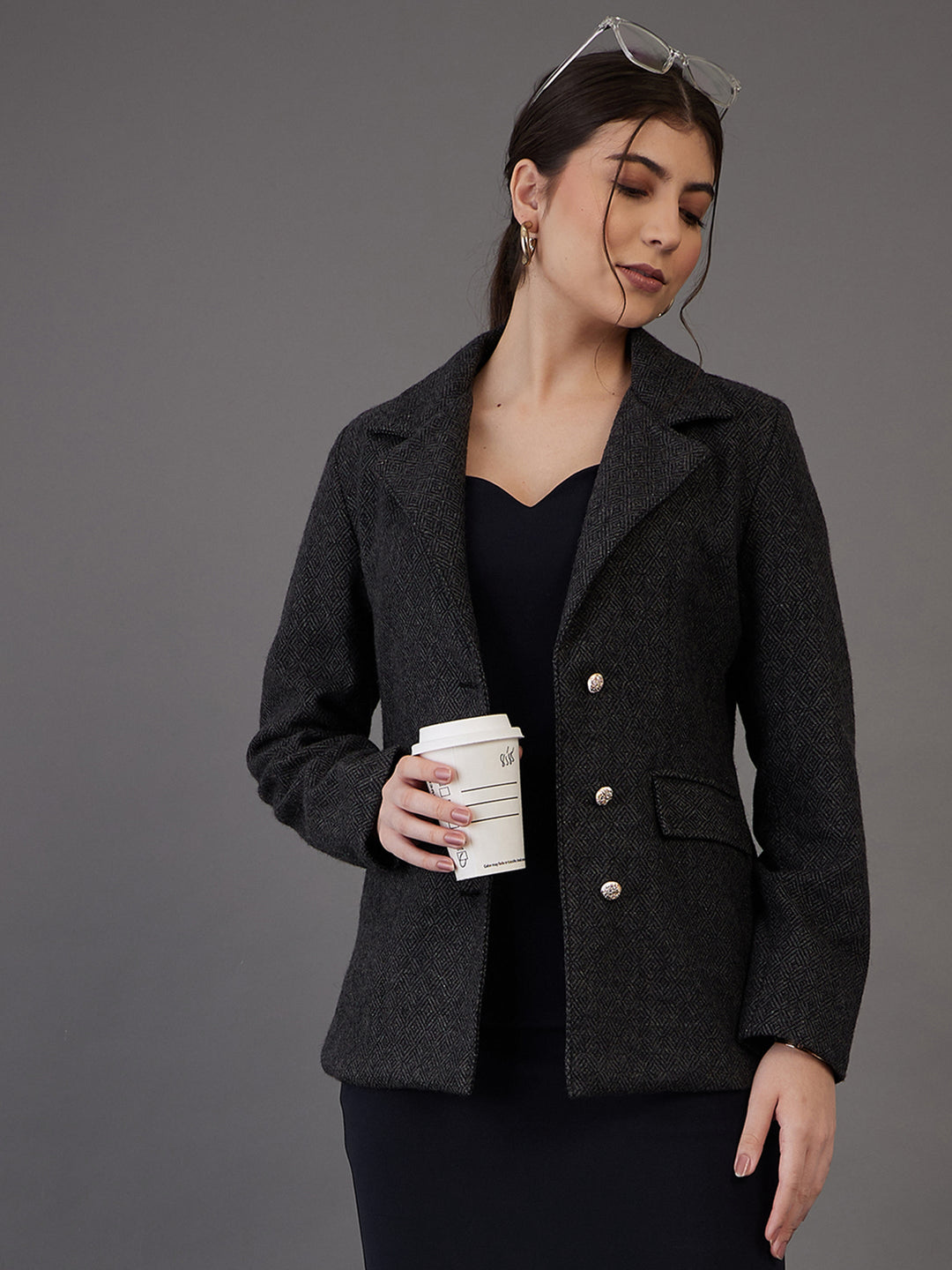 Grey Tweed Notch Collar Single-Breasted Blazer