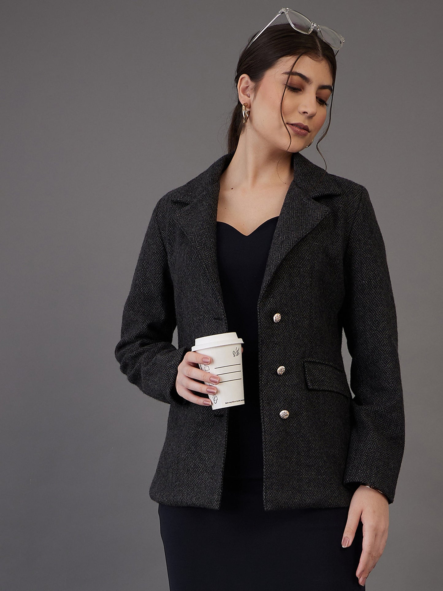 Grey Tweed Notch Collar Single-Breasted Blazer