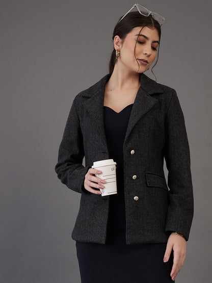 Grey Tweed Notch Collar Single-Breasted Blazer