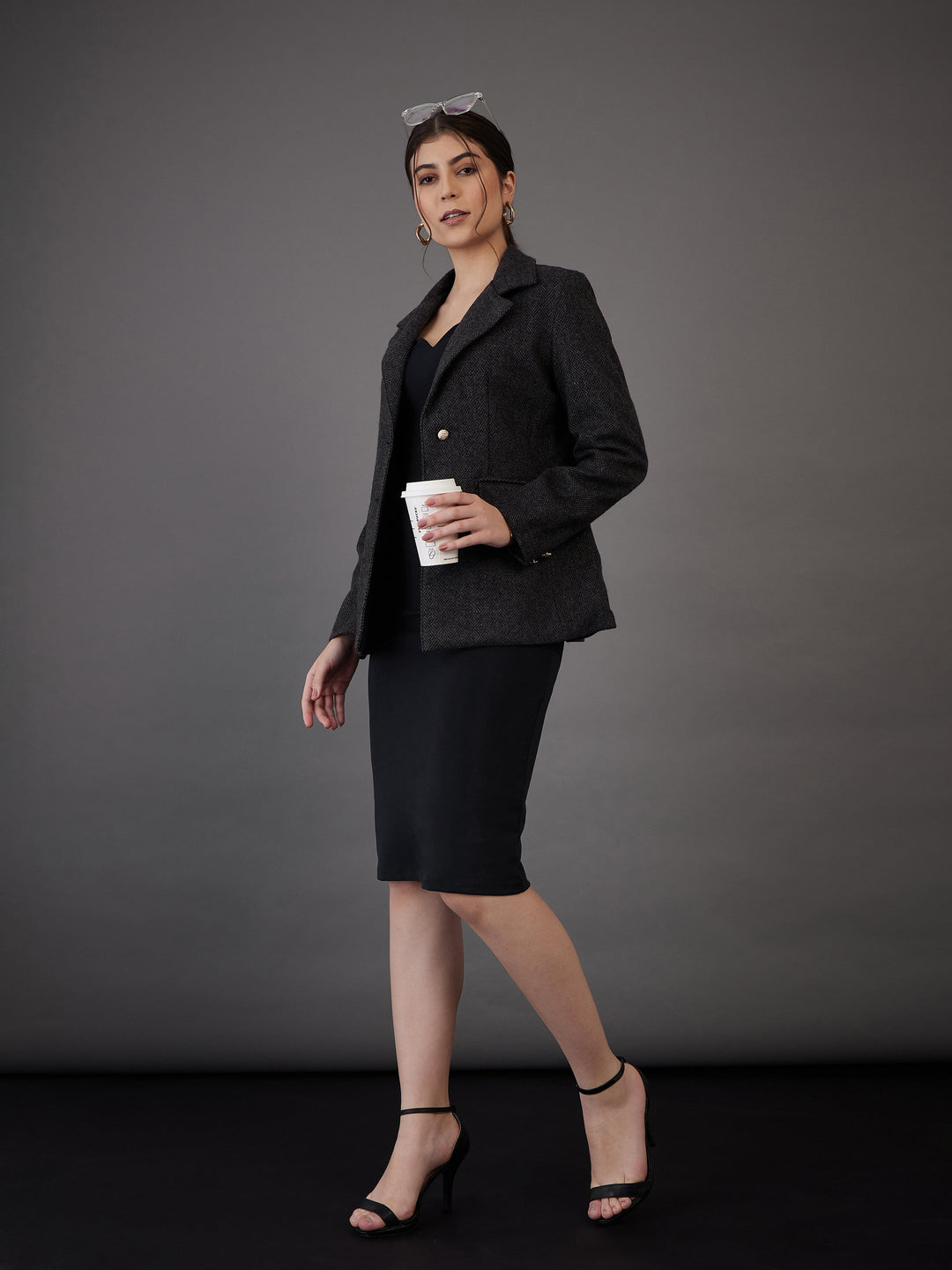 Grey Tweed Notch Collar Single-Breasted Blazer