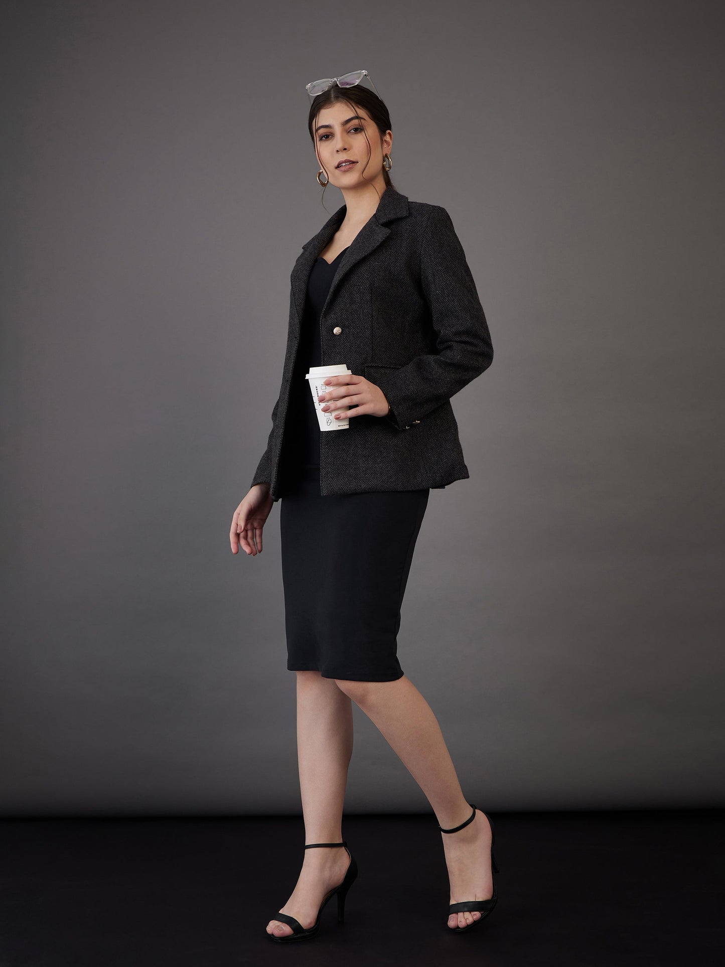 Grey Tweed Notch Collar Single-Breasted Blazer
