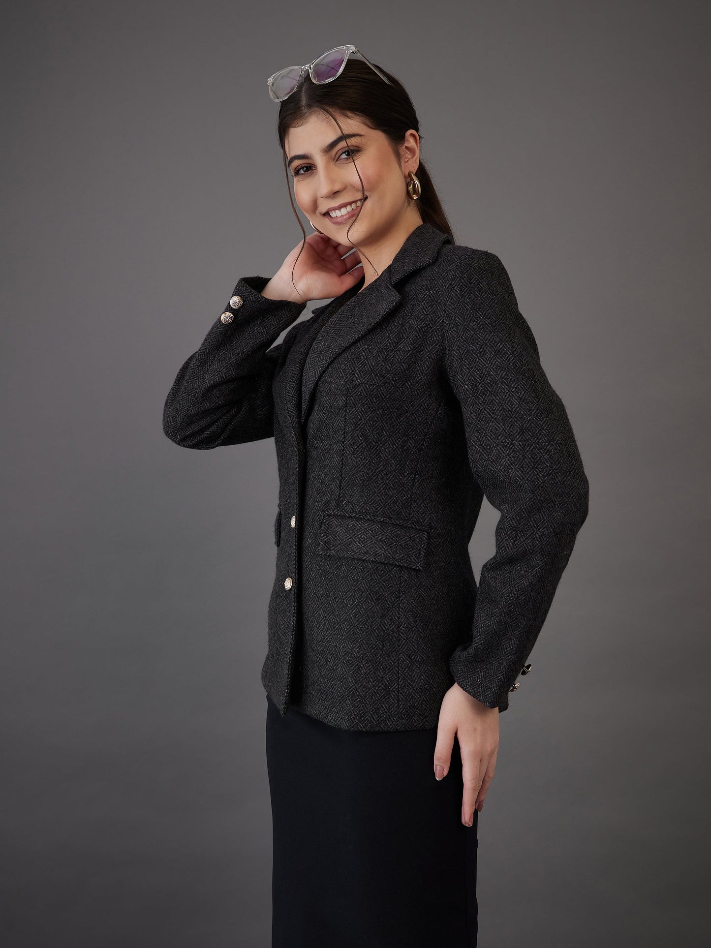 Grey Tweed Notch Collar Single-Breasted Blazer