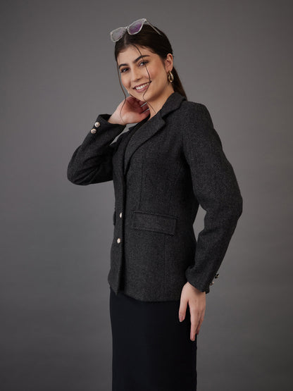 Grey Tweed Notch Collar Single-Breasted Blazer