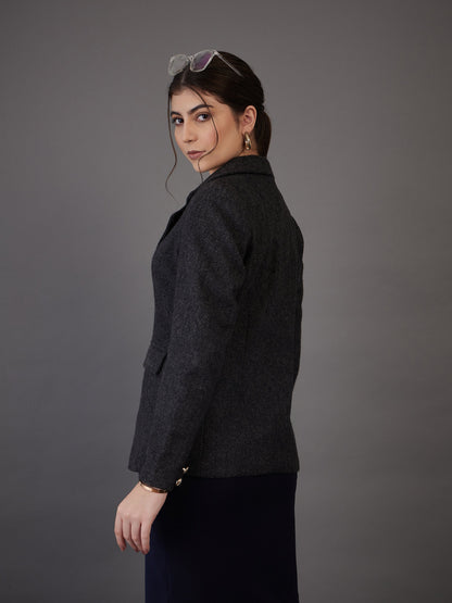 Grey Tweed Notch Collar Single-Breasted Blazer