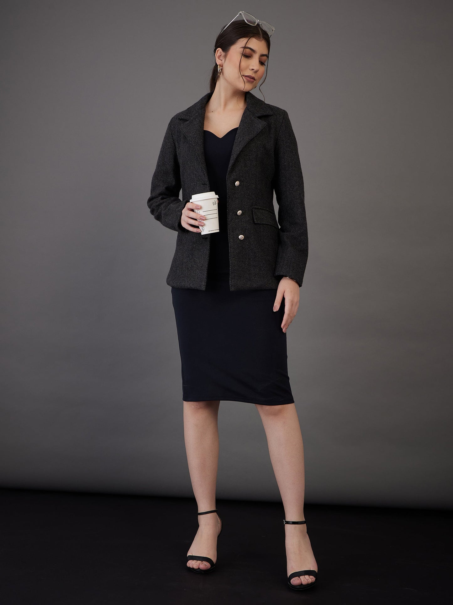 Grey Tweed Notch Collar Single-Breasted Blazer