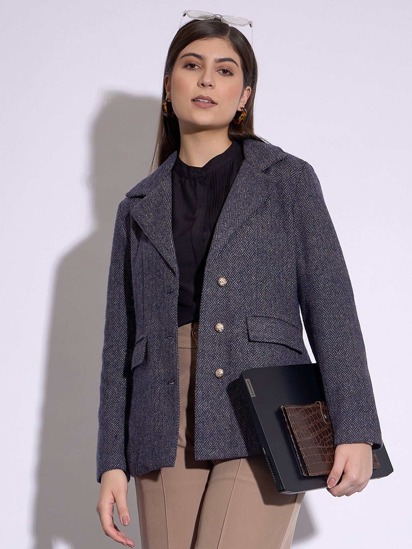 Navy Tweed Notch Collar Single-Breasted Blazer