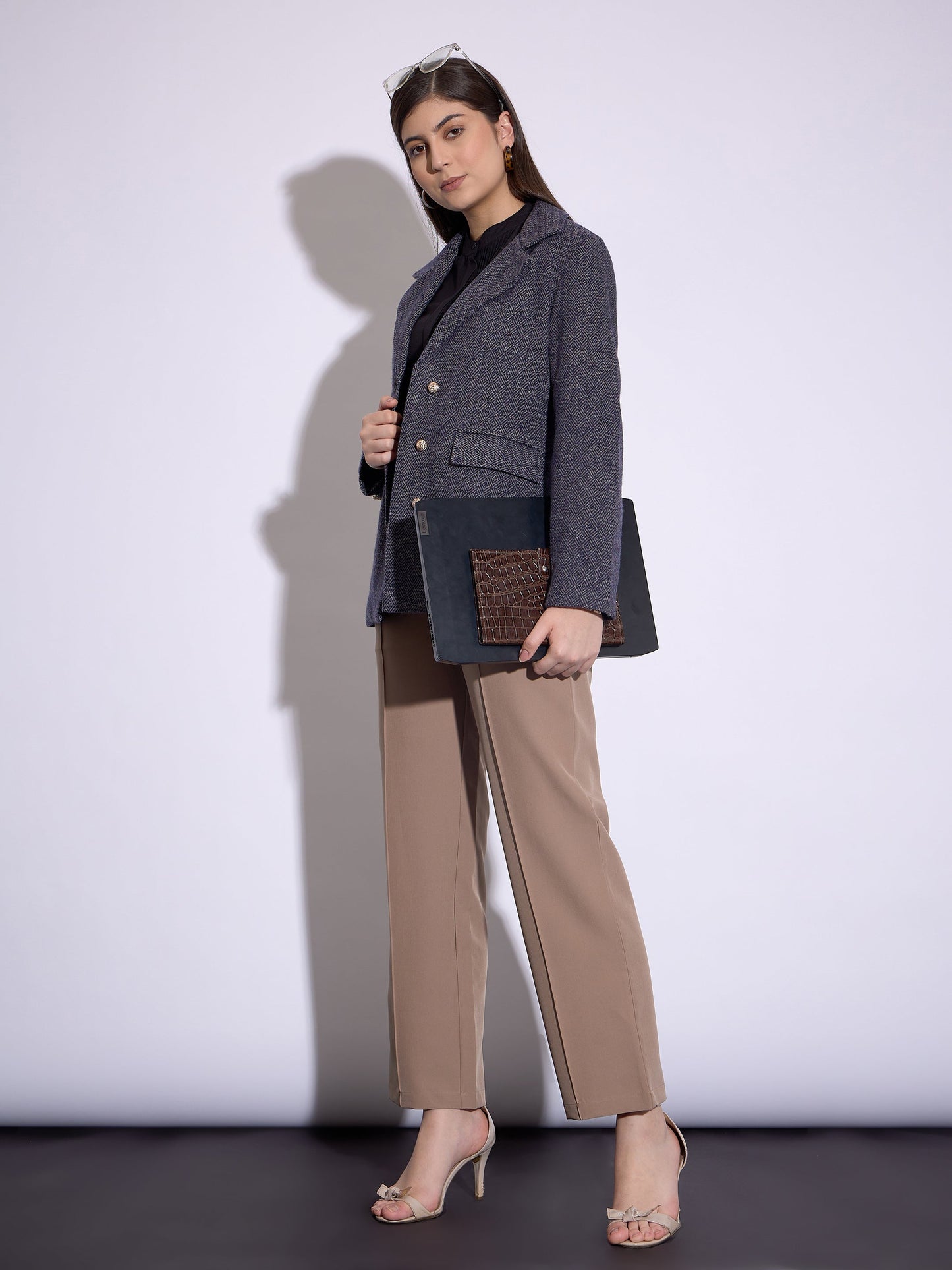 Navy Tweed Notch Collar Single-Breasted Blazer