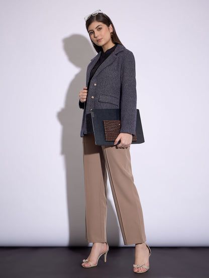 Navy Tweed Notch Collar Single-Breasted Blazer