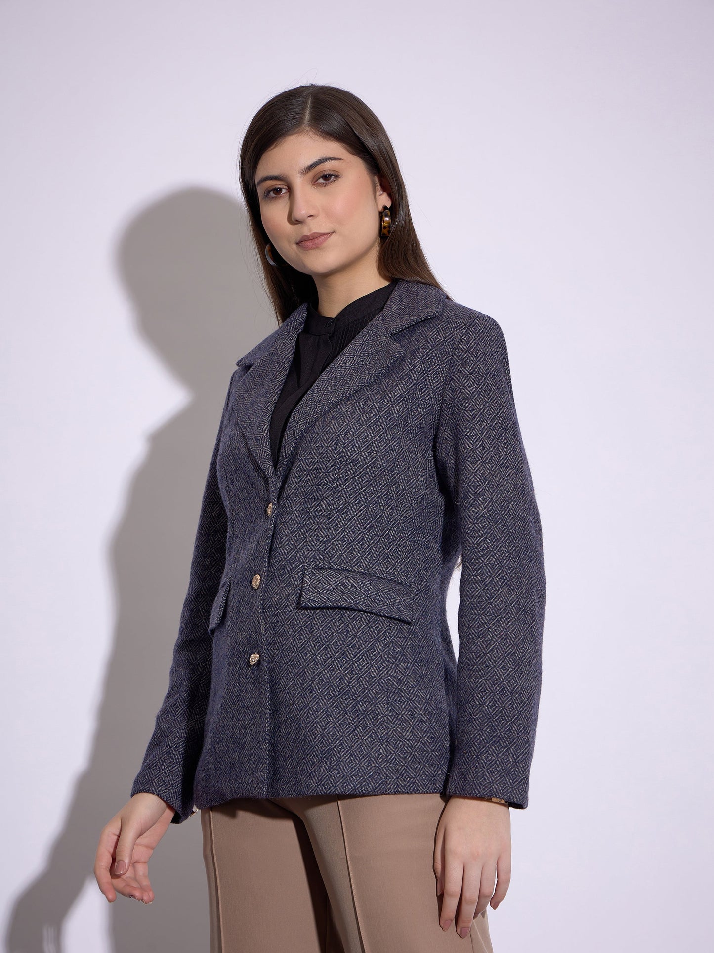 Navy Tweed Notch Collar Single-Breasted Blazer